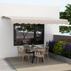 Retractable 12 x 10 feet beige patio awning with aluminum frame, providing sunshade for outdoor dining areas.
