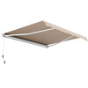Beige retractable awning measuring 12 x 10 feet with a longhand crank, easily adjustable for optimal sun protection.
