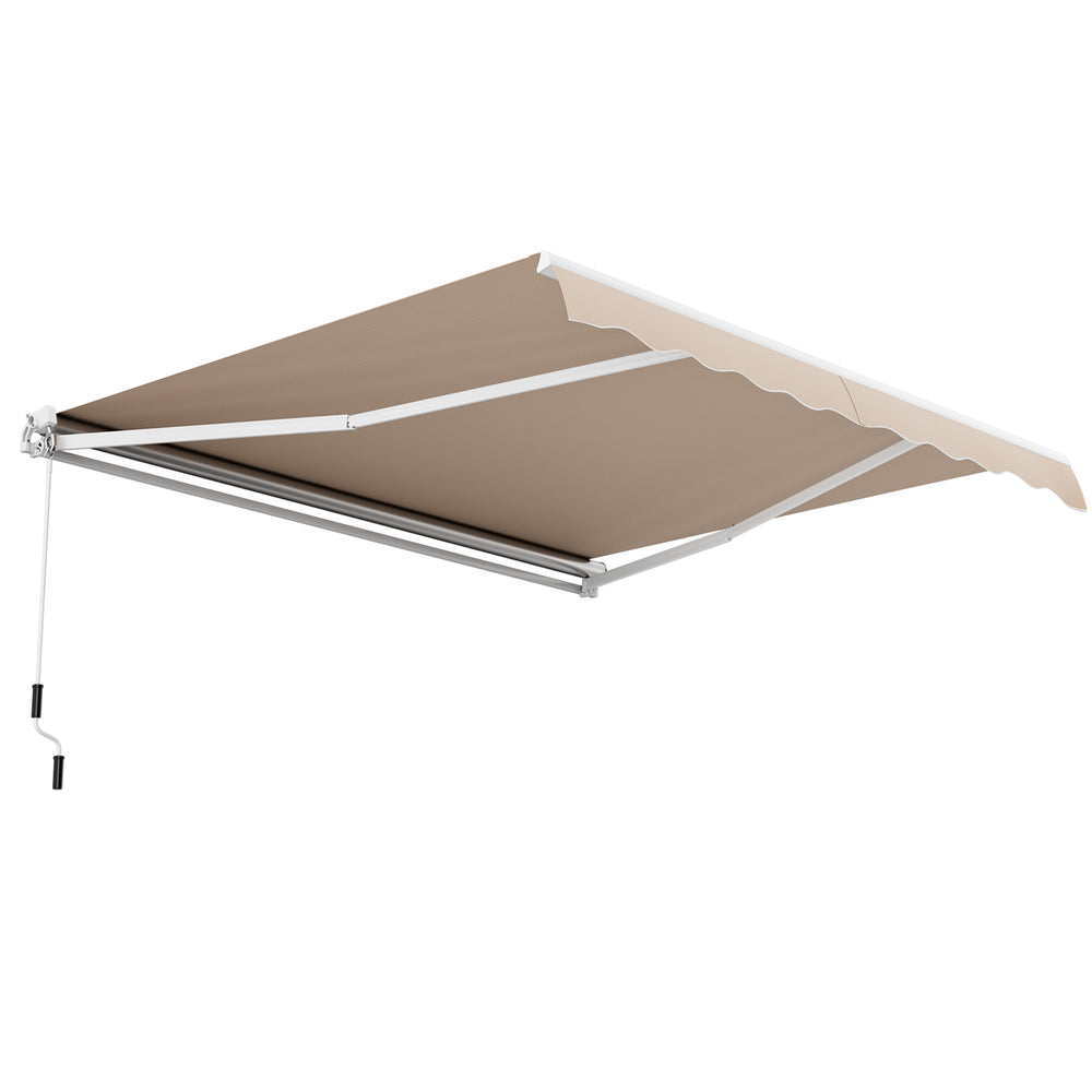 Beige retractable awning measuring 12 x 10 feet with a longhand crank, easily adjustable for optimal sun protection.