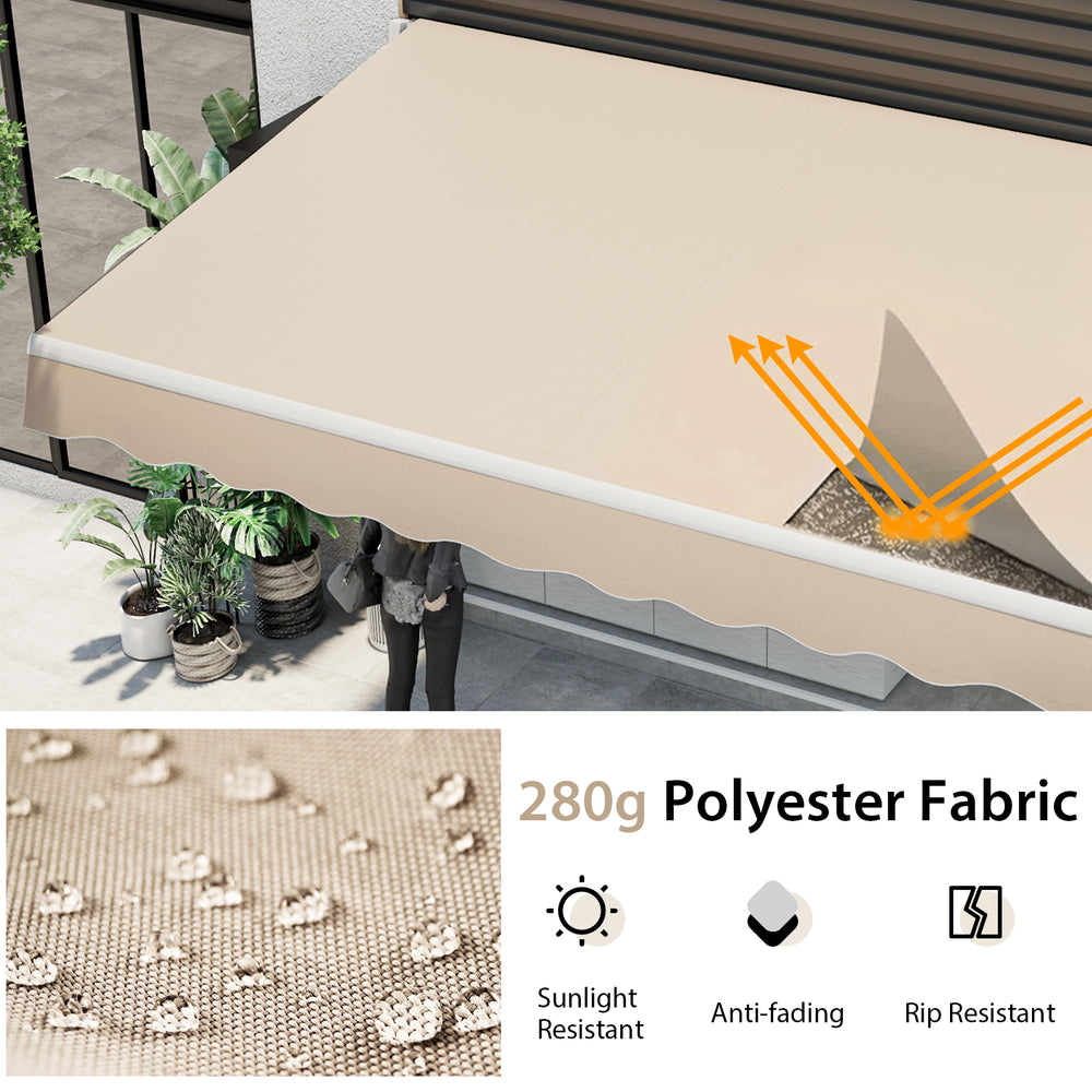 Retractable patio awning in beige, made of 280g polyester fabric, offering sun protection for porches and terraces.