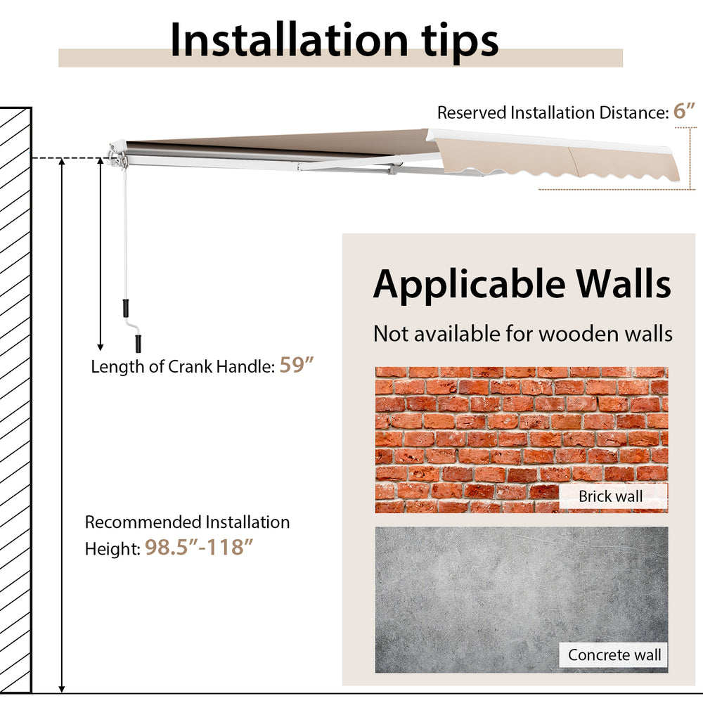 Installation tips for the 13 × 8 Feet Retractable Patio Awning, suitable for brick and concrete walls.