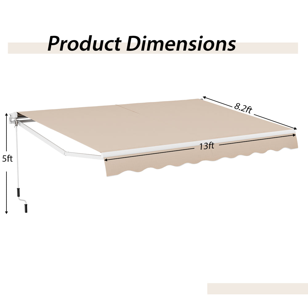 Retractable patio awning in beige, measuring 13 × 8 feet, with adjustable angle for sun protection and easy.
