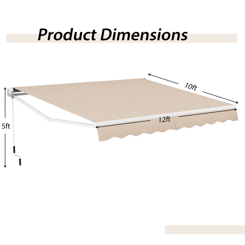 Retractable patio awning measuring 12 x 10 feet in beige, featuring adjustable angle and durable aluminum frame.