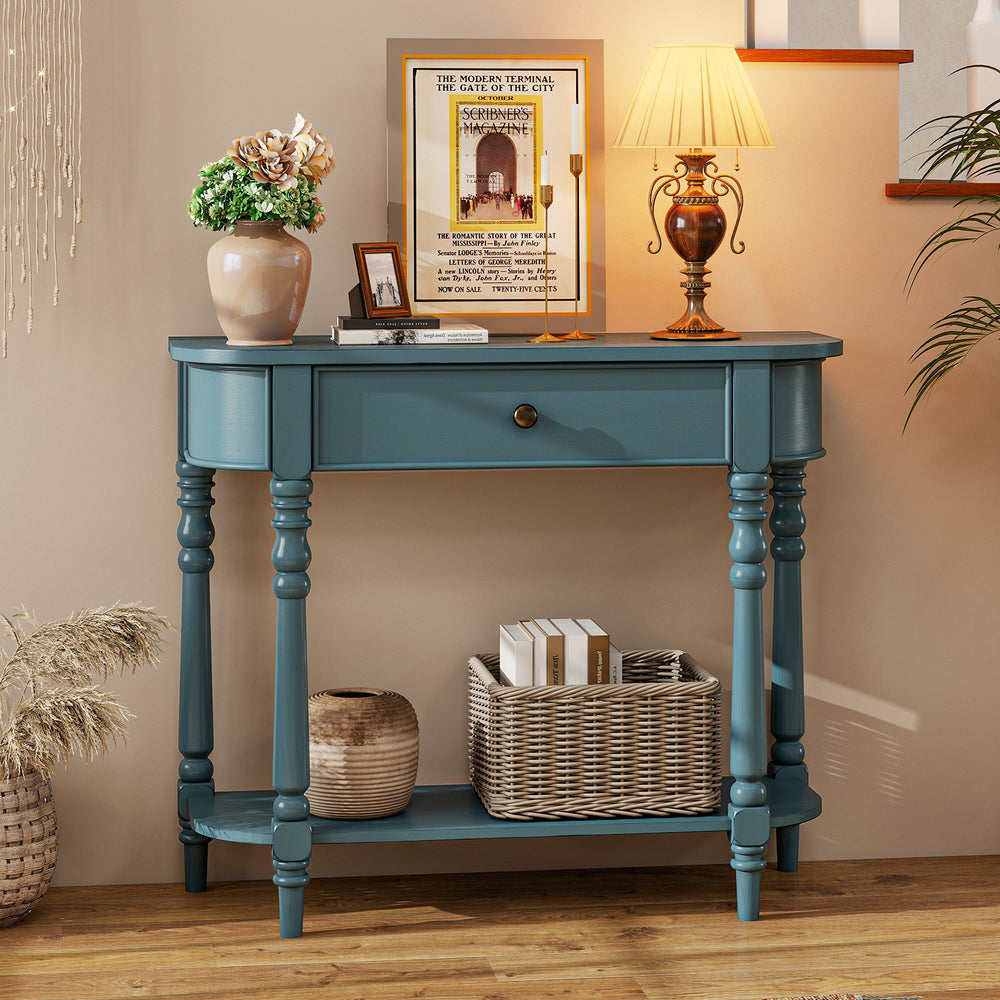Retro Console Table36"L Wooden 2-Tier Narrow Behind Couch Foyer Table-Blue - Gallery View 1 of 10