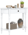 White retro console table with a drawer and open shelf, perfect for narrow spaces in entryways or living rooms.