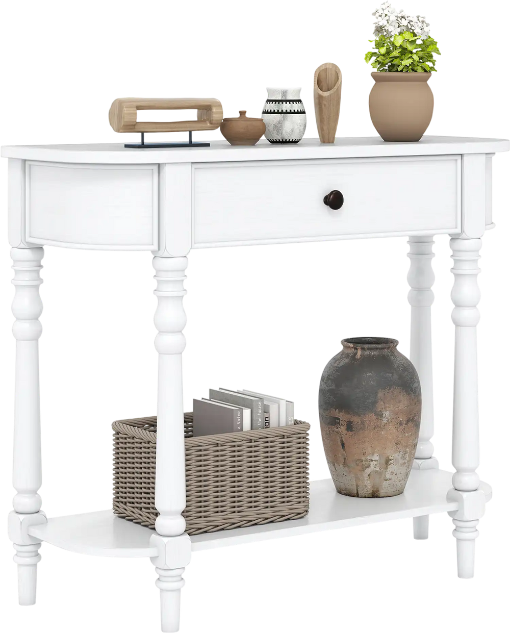 White retro console table with a drawer and open shelf, perfect for narrow spaces in entryways or living rooms.