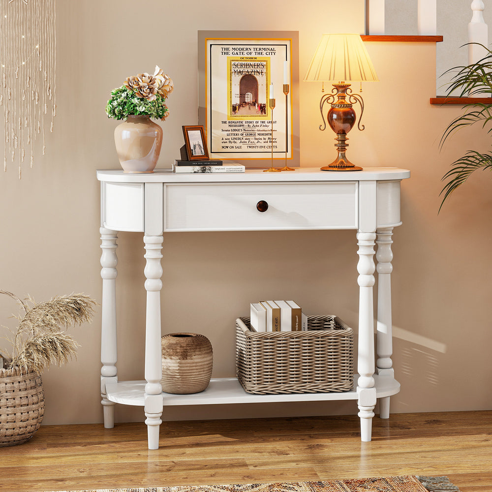 Narrow white retro console table showcasing elegant round edges, designed for stylish storage in tight spaces.