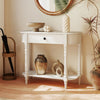 White retro console table featuring a spacious open shelf and a stylish drawer, ideal for decorative storage in.