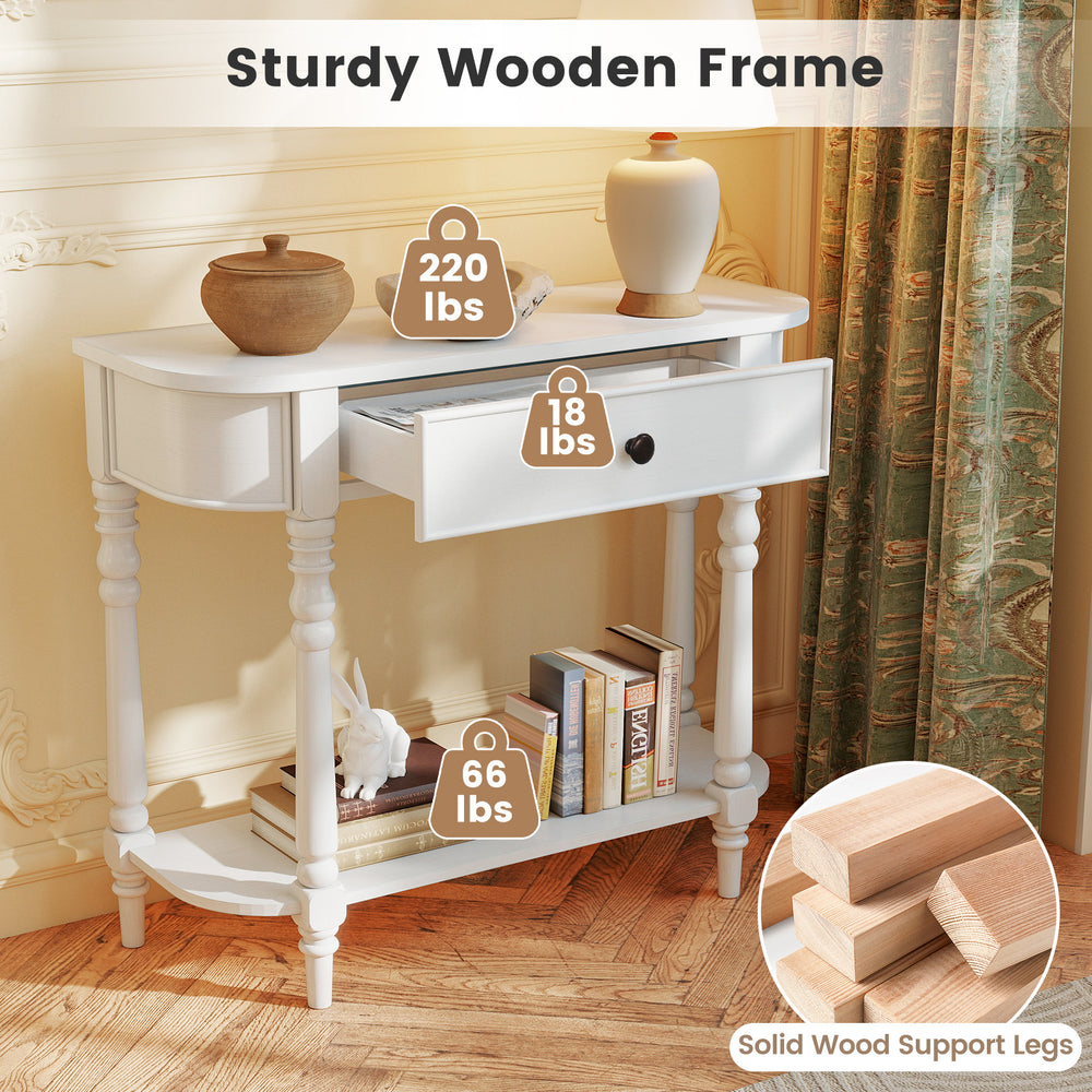 Retro console table with a sturdy white wooden frame, featuring a drawer and open shelf for versatile storage.