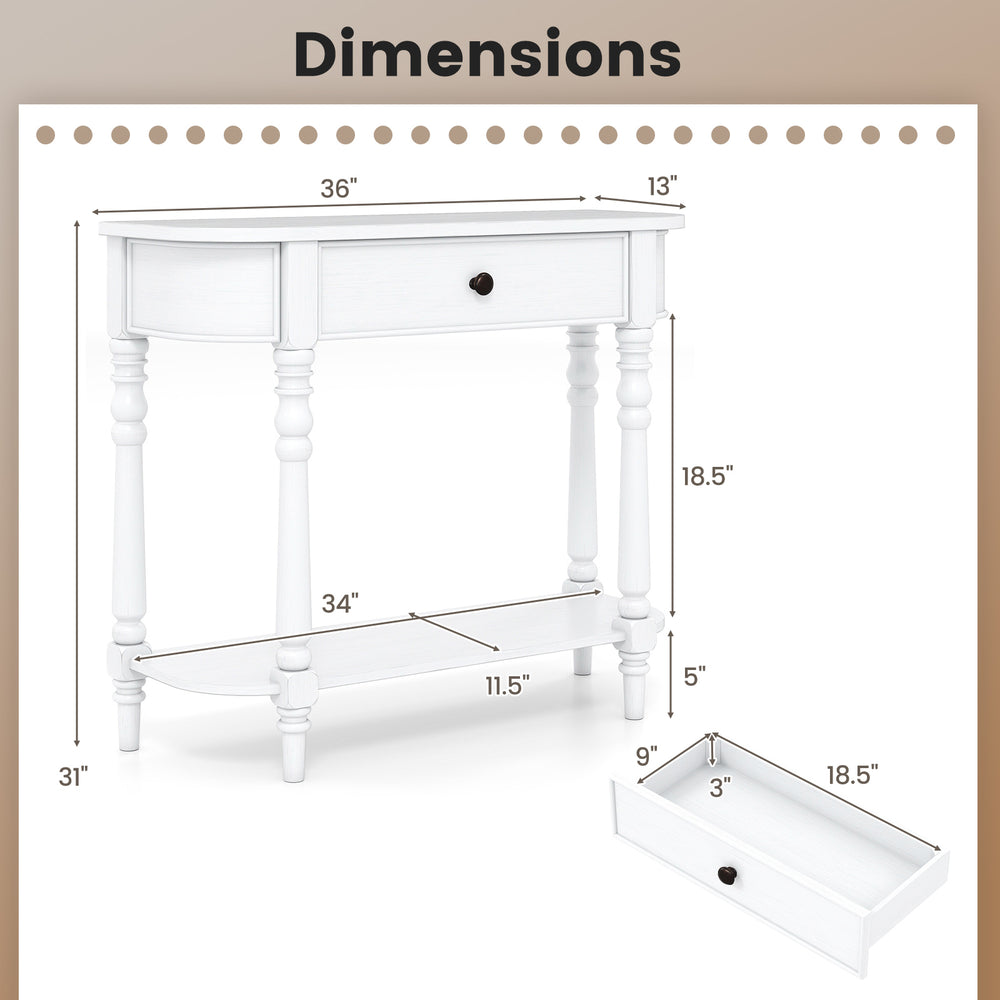 Dimensions of the Retro Console Table in white, featuring a drawer and open shelf for versatile storage solutions.