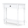 Narrow white retro console table with a sturdy wooden frame and spacious drawer, ideal for stylish entryway.