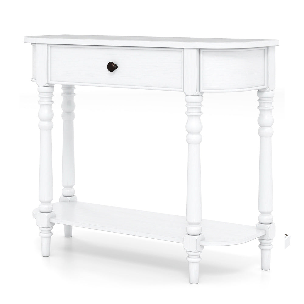 Narrow white retro console table with a sturdy wooden frame and spacious drawer, ideal for stylish entryway.