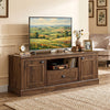 Retro farmhouse TV stand in brown with ample storage, designed for 70" TVs, featuring smooth-gliding drawer and cable management.