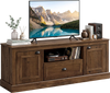 Retro farmhouse TV stand in brown with ample storage, designed for 70" TVs, featuring a wide tabletop and elegant wood grain finish.