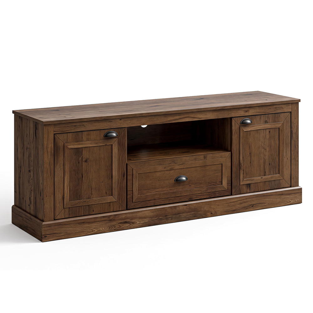 Retro farmhouse TV stand in brown with storage cabinets, drawer, and cable hole for 70" TVs in an elegant design.