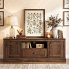 Retro farmhouse TV stand in brown with storage cabinets, drawer, and cable hole for organizing entertainment areas.