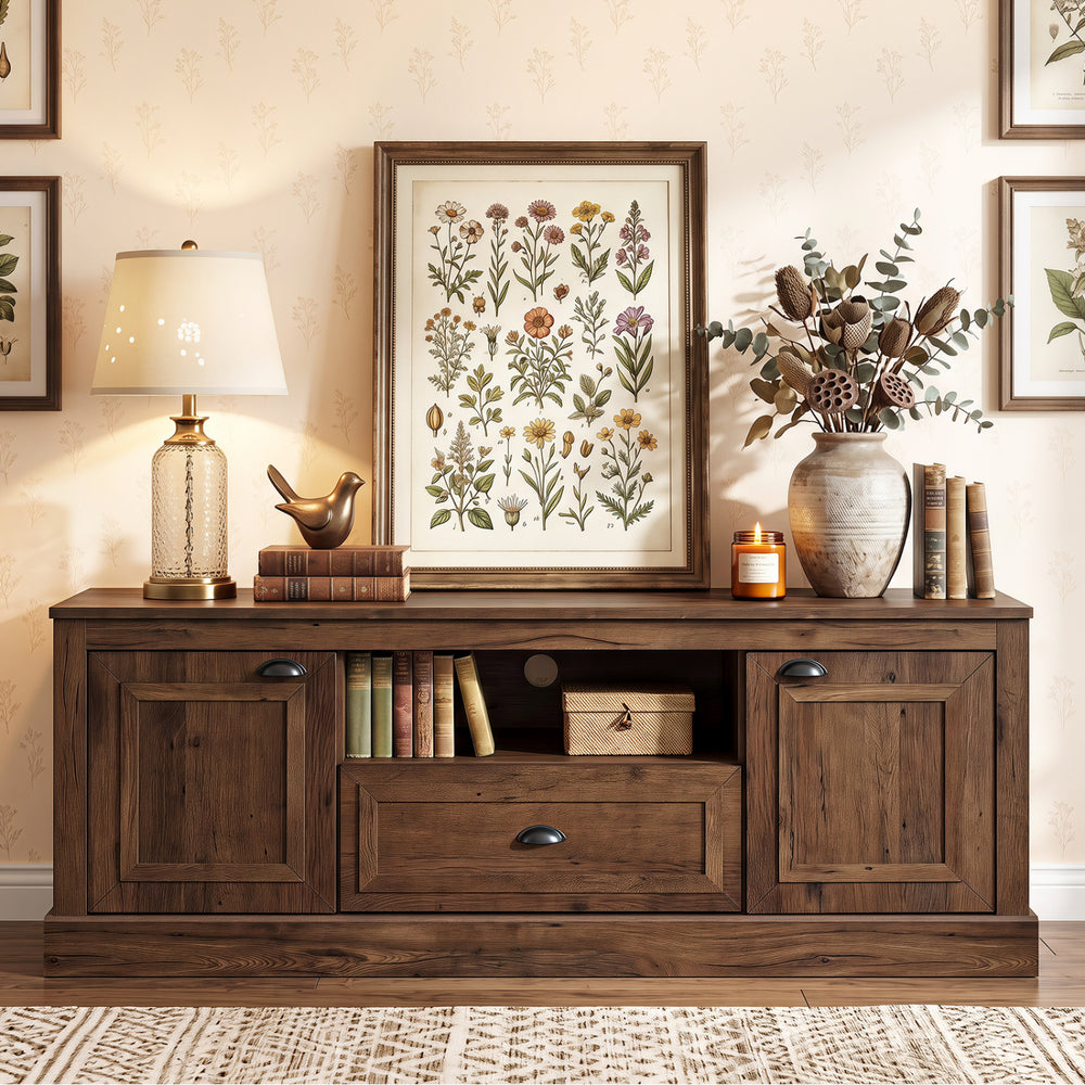 Retro farmhouse TV stand in brown with storage cabinets, drawer, and cable hole for organizing entertainment areas.