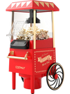Retro hot air popcorn maker in red with measuring cup, producing oil-free popcorn for family movie nights.
