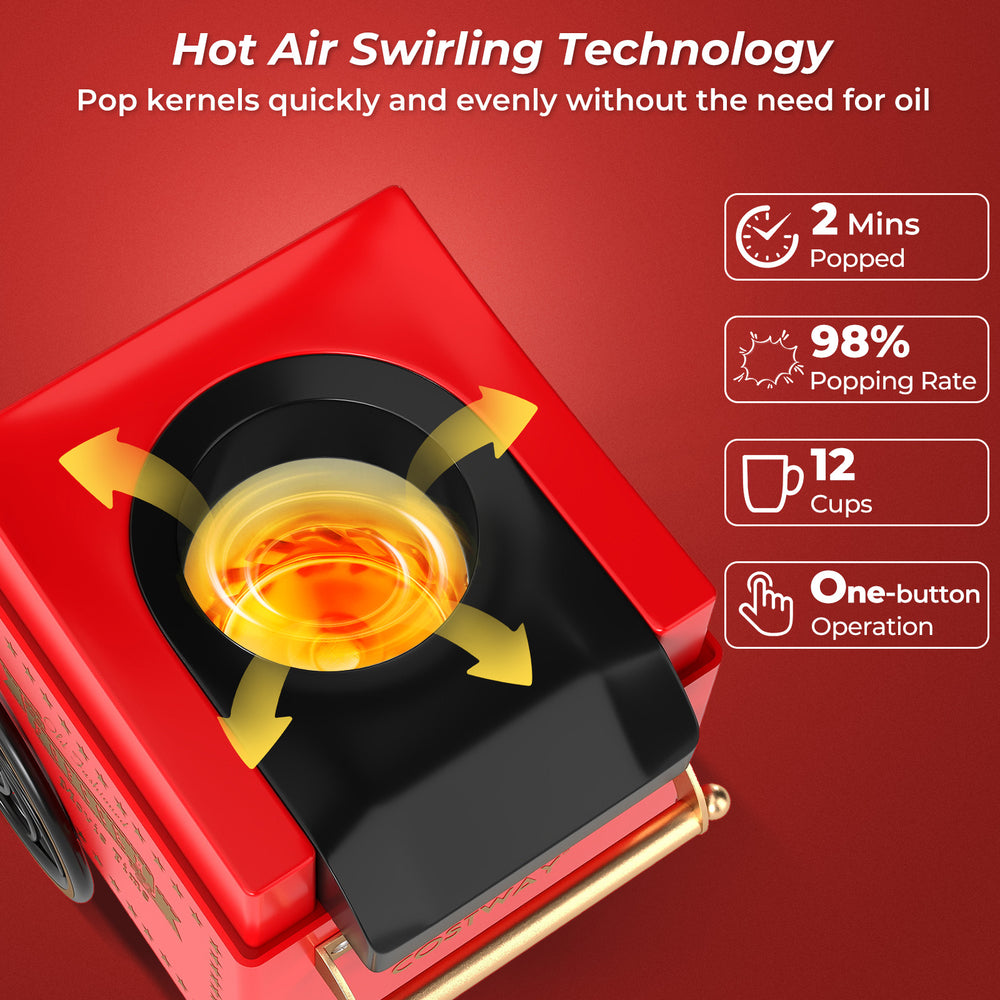 Retro hot air popcorn maker in red with 1200W technology, pops 12 cups of oil-free popcorn in 2 minutes for movie.