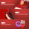 Retro hot air popcorn maker in red, showcasing kernel addition and operation steps for quick, oil-free popcorn.
