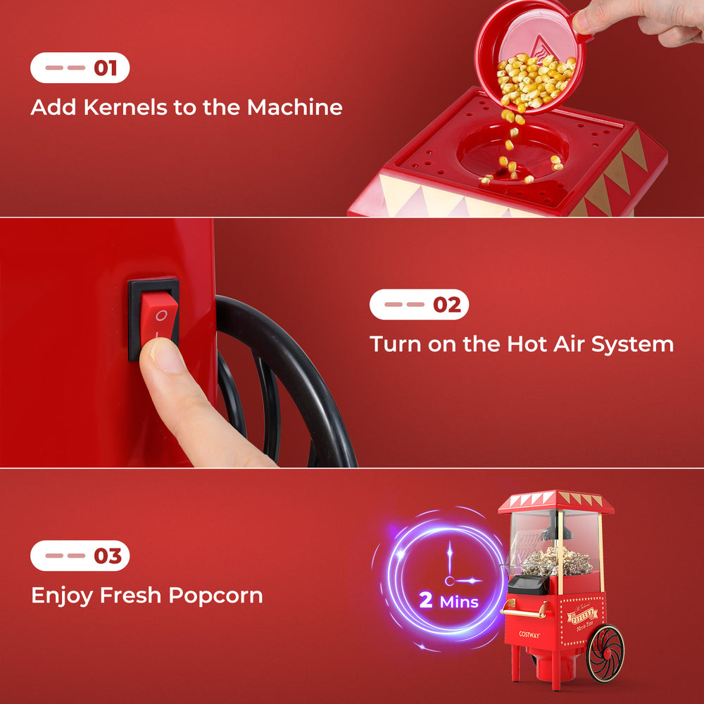 Retro hot air popcorn maker in red, showcasing kernel addition and operation steps for quick, oil-free popcorn.