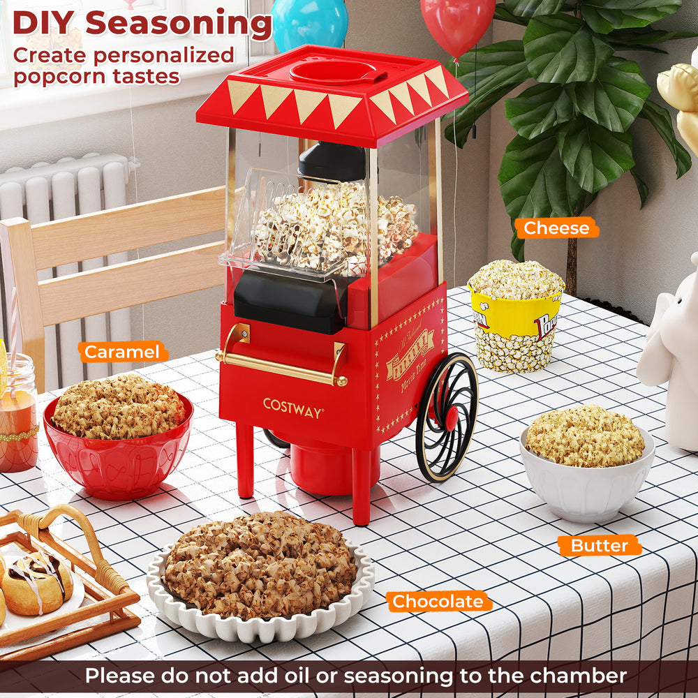 Retro hot air popcorn maker in red with popcorn, measuring cup, and DIY seasoning options for healthy snacks.