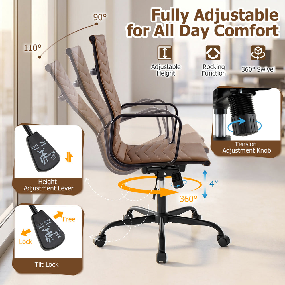 Ribbed high back office chair in brown PU leather with adjustable height, rocking function, and 360° swivel for comfort.