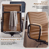 Ribbed high back office chair in brown PU leather features curved metal armrests and a practical hanger rod for organization.