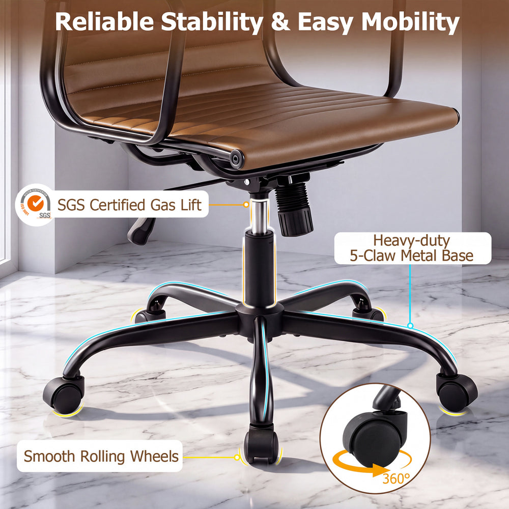 Ribbed high back office chair in brown PU leather features adjustable height, 360° swivel, and smooth rolling wheels.