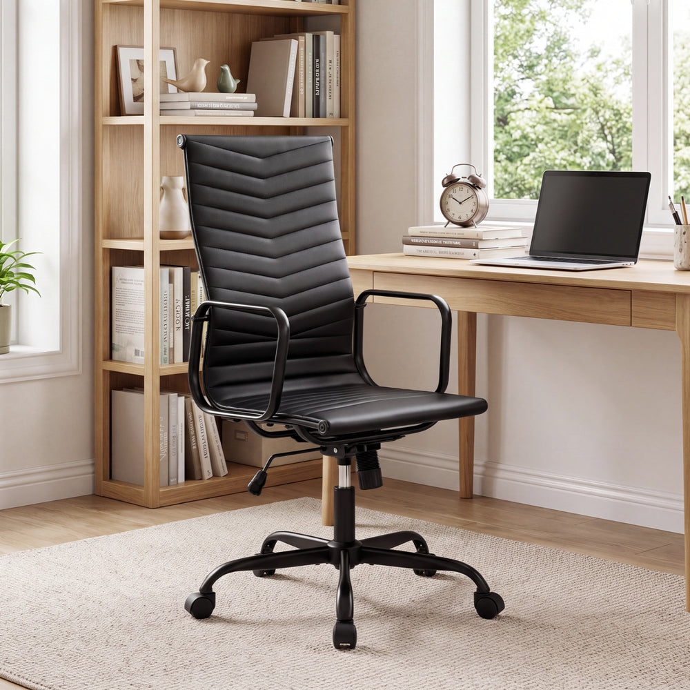 Ribbed Office Chair High Back PU Leather for Home Office with Adjustable Height-Black - Gallery View 1 of 9
