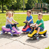 Ride-on car in pink with flashing wheels, front light, and music speaker, designed for children aged 3 and up.