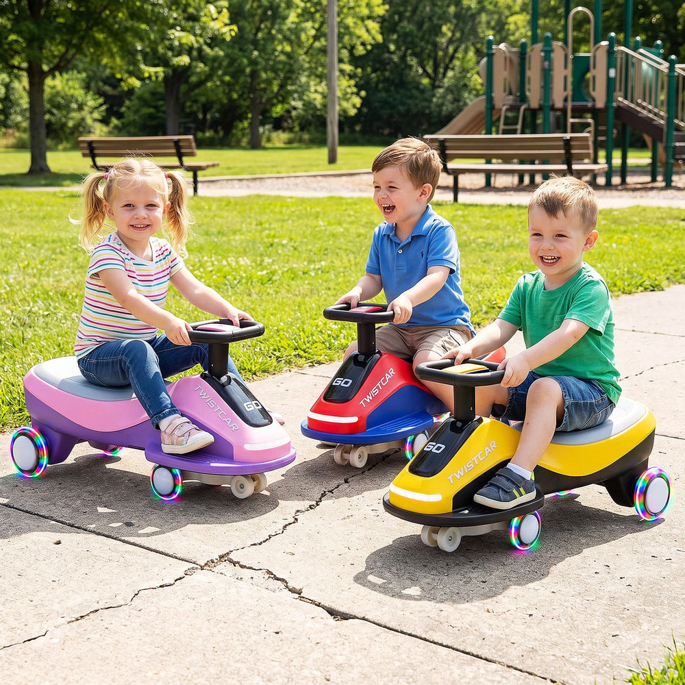 Ride-on car in pink with flashing wheels, front light, and music speaker, designed for children aged 3 and up.