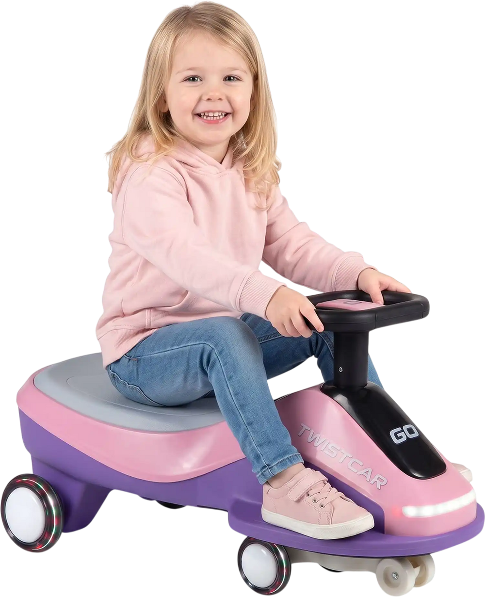 Ride-on car in pink with anti-slip footrests and a comfortable 15° dipped seat, perfect for children aged 3 and up.
