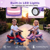 Ride on car in pink with flashing wheels, front light, and music speaker, designed for children aged 3 and up.