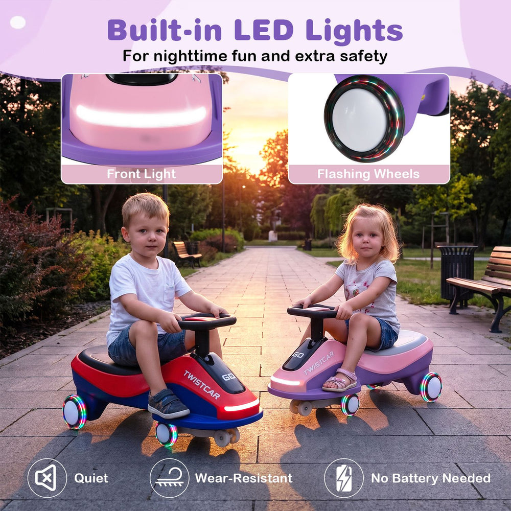 Ride on car in pink with flashing wheels, front light, and music speaker, designed for children aged 3 and up.