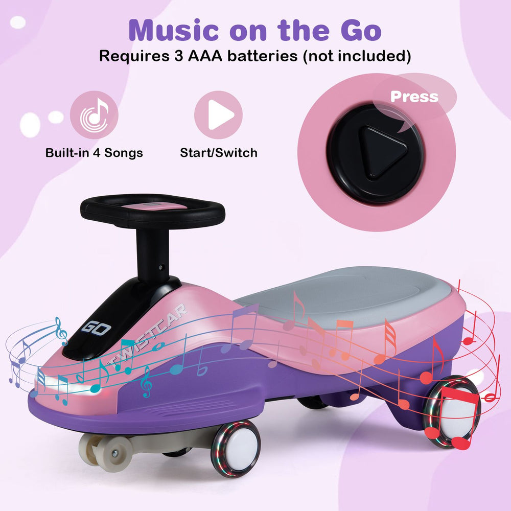 Ride-on car in pink with flashing wheels, front light, and built-in music player for children aged 3 and up.