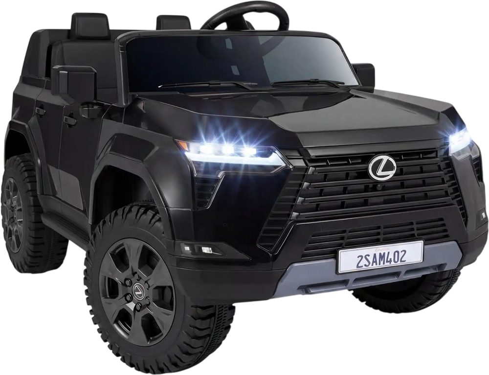 Black licensed LEXUS GX550 ride-on car with LED headlights, remote control, and 4WD for kids aged 3+ for outdoor fun.