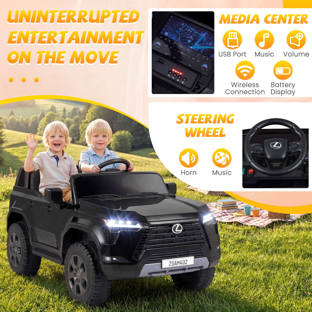 Black LEXUS GX550 ride-on car with steering wheel, media center, and remote control for kids aged 3+, perfect for.