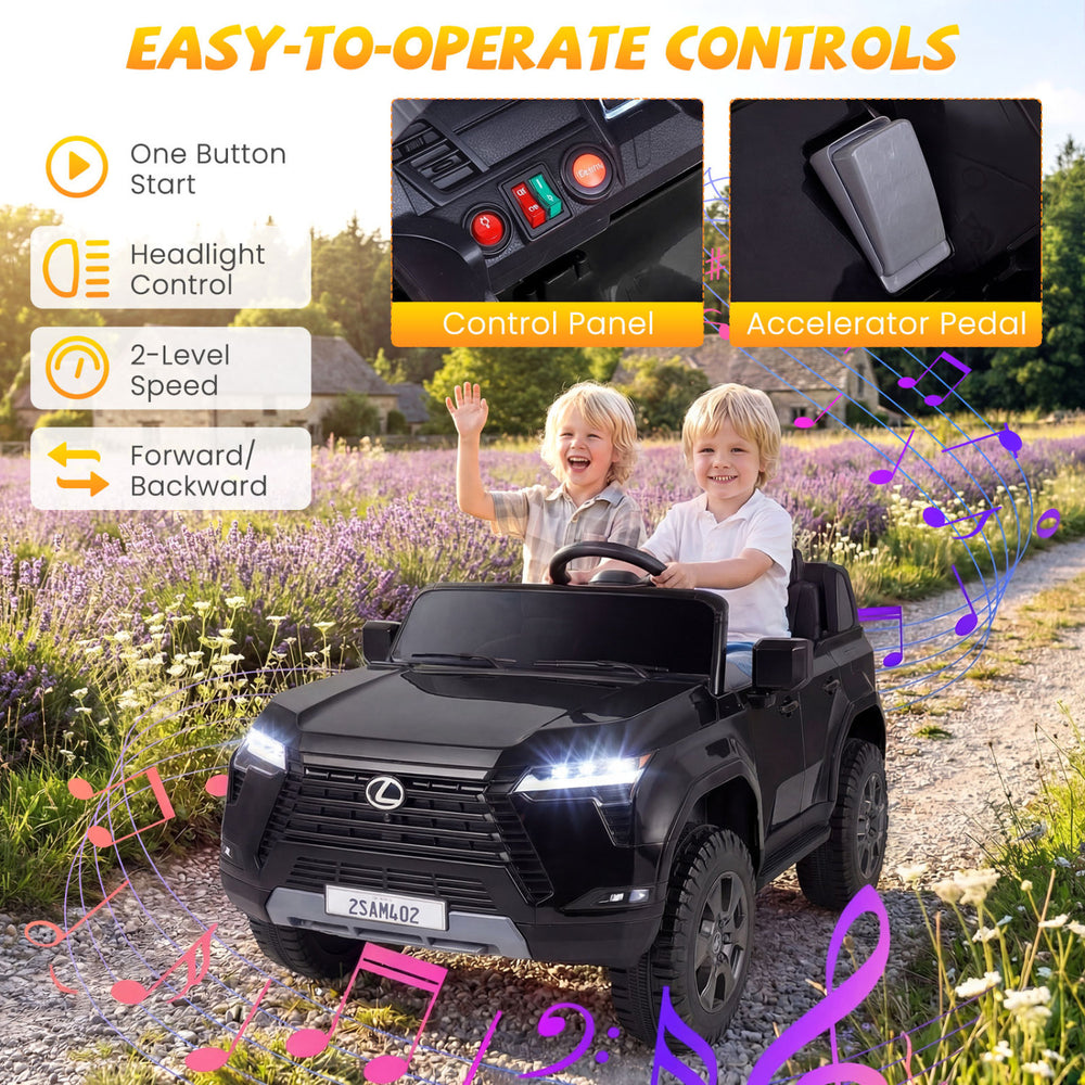 Black LEXUS GX550 ride on car with control panel, accelerator pedal, and kids enjoying a drive in a scenic setting.