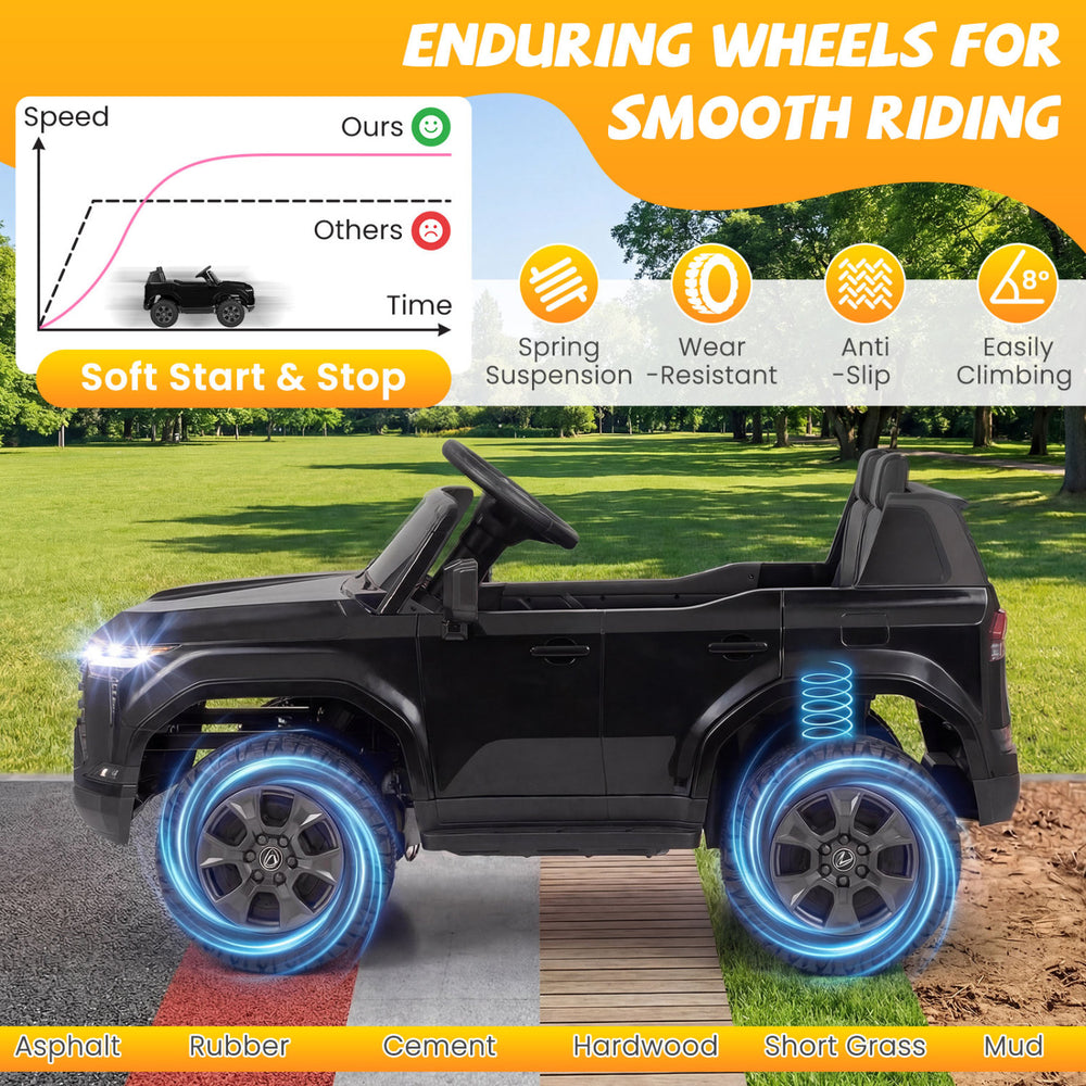 Black LEXUS GX550 ride on car showcasing enduring wheels, designed for smooth riding on various surfaces for kids aged.