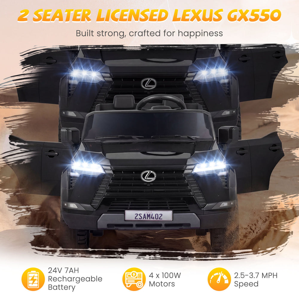 Licensed LEXUS GX550 ride-on car in black with LED headlights, remote control, and 24V battery for kids aged 3+.