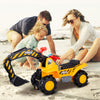 Ride-on push car bulldozer toy with working shovel, safety helmet, and ample storage for kids' essentials on the beach.