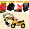 Ride-on push car bulldozer toy in yellow with realistic steering wheel, working shovel, and safety helmet for kids' fun.