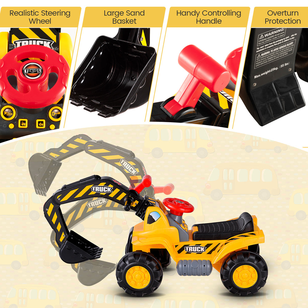 Ride-on push car bulldozer toy in yellow with realistic steering wheel, working shovel, and safety helmet for kids' fun.