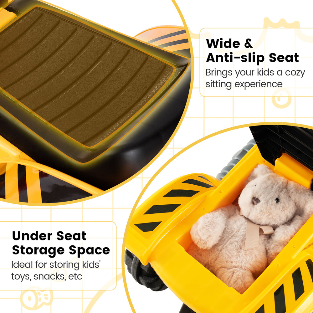 Wide anti-slip seat and under seat storage space on the ride-on push car bulldozer toy for kids' essentials.