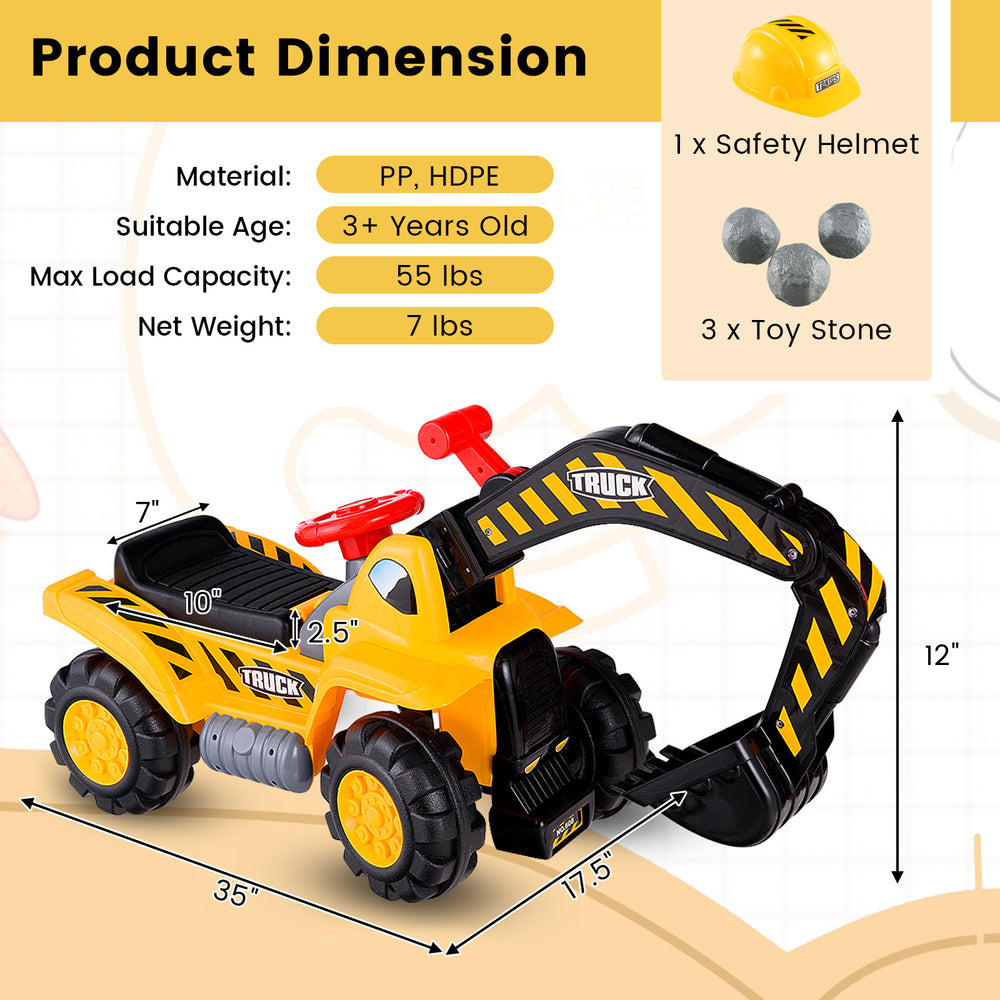Ride on push car bulldozer digger toy in yellow with working shovel, safety helmet, and ample storage for kids'.