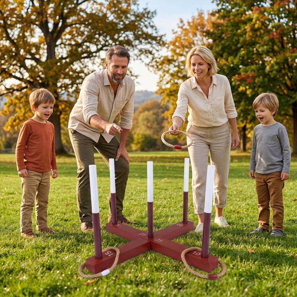 Ring toss game featuring a painted solid wood frame and six rope rings, perfect for outdoor family fun.