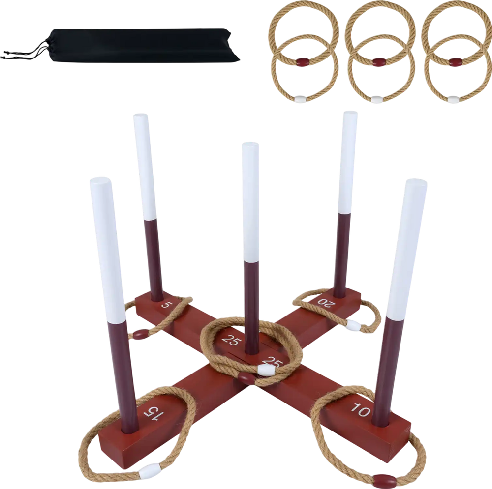 Ring toss game set with 6 rope rings, solid wood frame, and storage bag for indoor and outdoor fun.