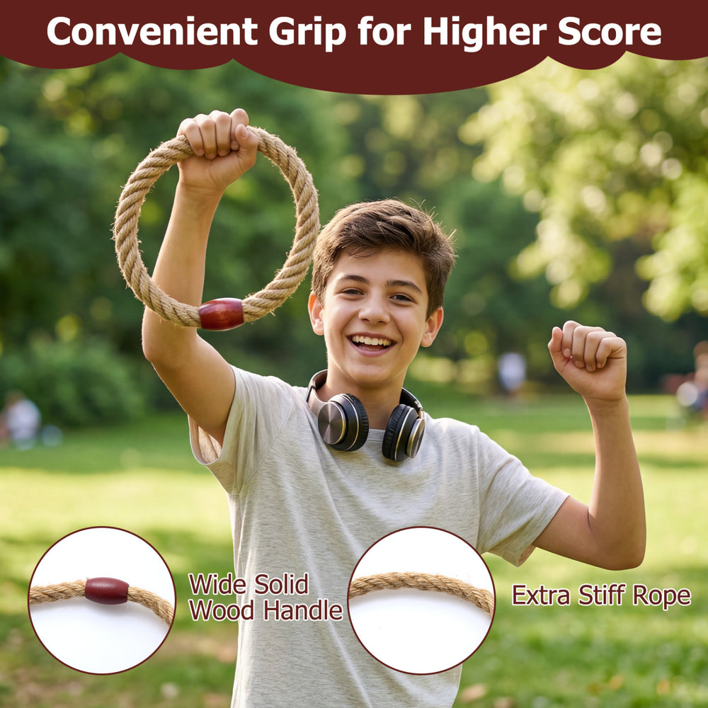 Ring toss game featuring a wide solid wood handle and extra stiff rope, perfect for indoor and outdoor fun.