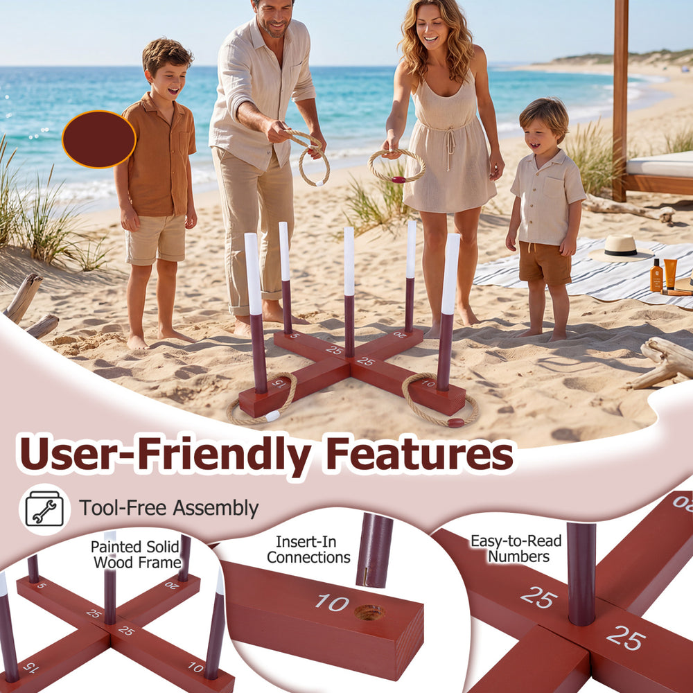 Ring toss game featuring a painted solid wood frame, easy-to-read numbers, and tool-free assembly for outdoor fun.